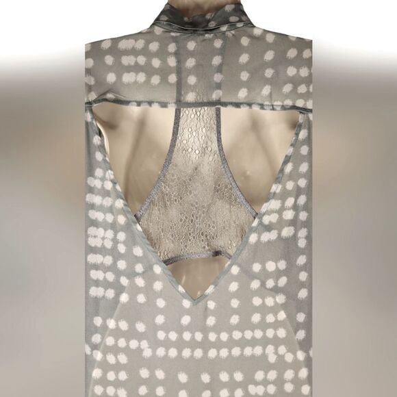 Free People Maxi Duster Cardigan Sleeveless Sheer Dot Lace Blouse Gray White L - Picture 7 of 16